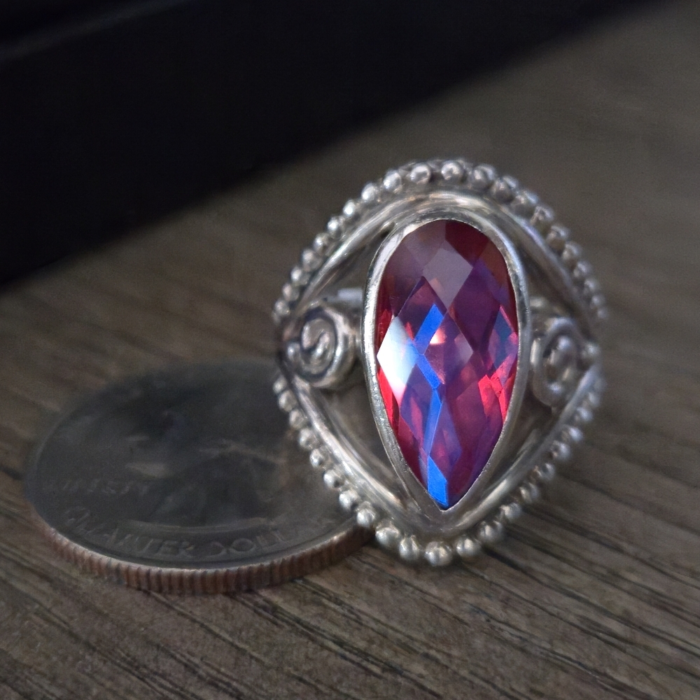 Sajen 925 Sterling Silver Rainbow Pink Quartz Solitare Ring Designer Signed 💖🩵